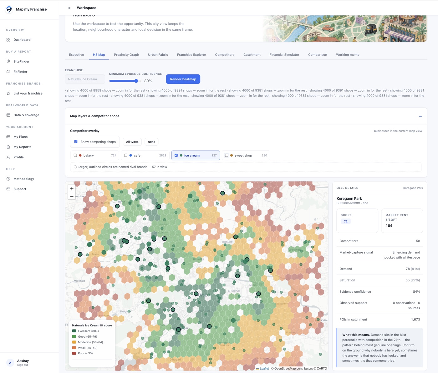 SiteFinder city map with coloured fit cells, ice cream competitors and a Koregaon Park detail panel.